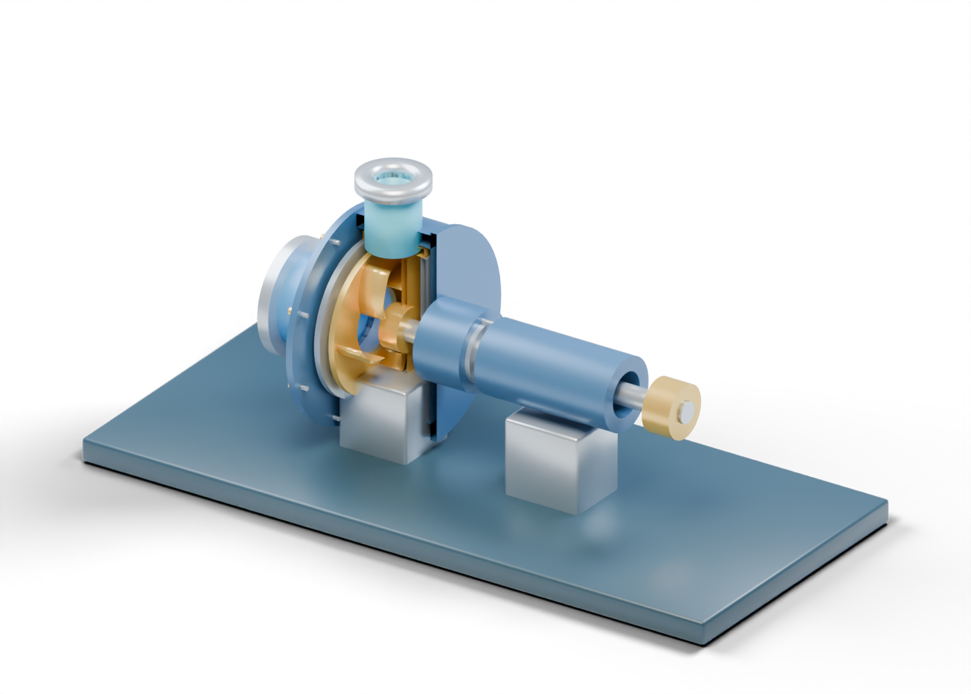 Original Alberta-blue and prairie-gold horizontal abrasive-slurry pump cutaway revealing a five-vane impeller, wear-facing liners and open upper discharge.