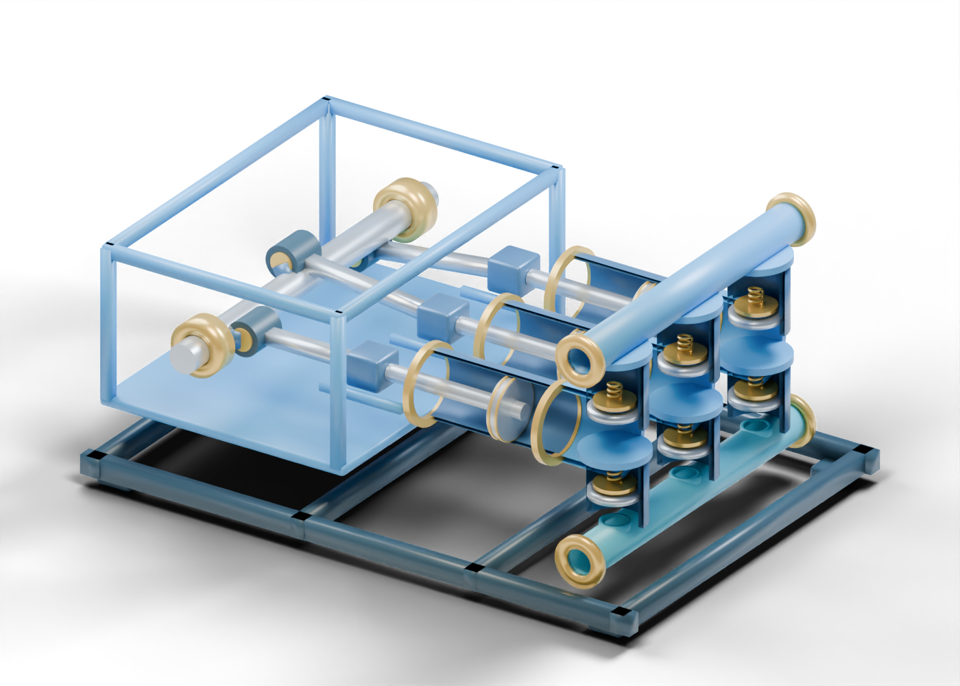 Original Alberta-blue and prairie-gold sectional 3D render of a generic triplex mud pump with three offset crank banks, visible pistons, open valve-seat positions and separate suction and discharge manifolds.