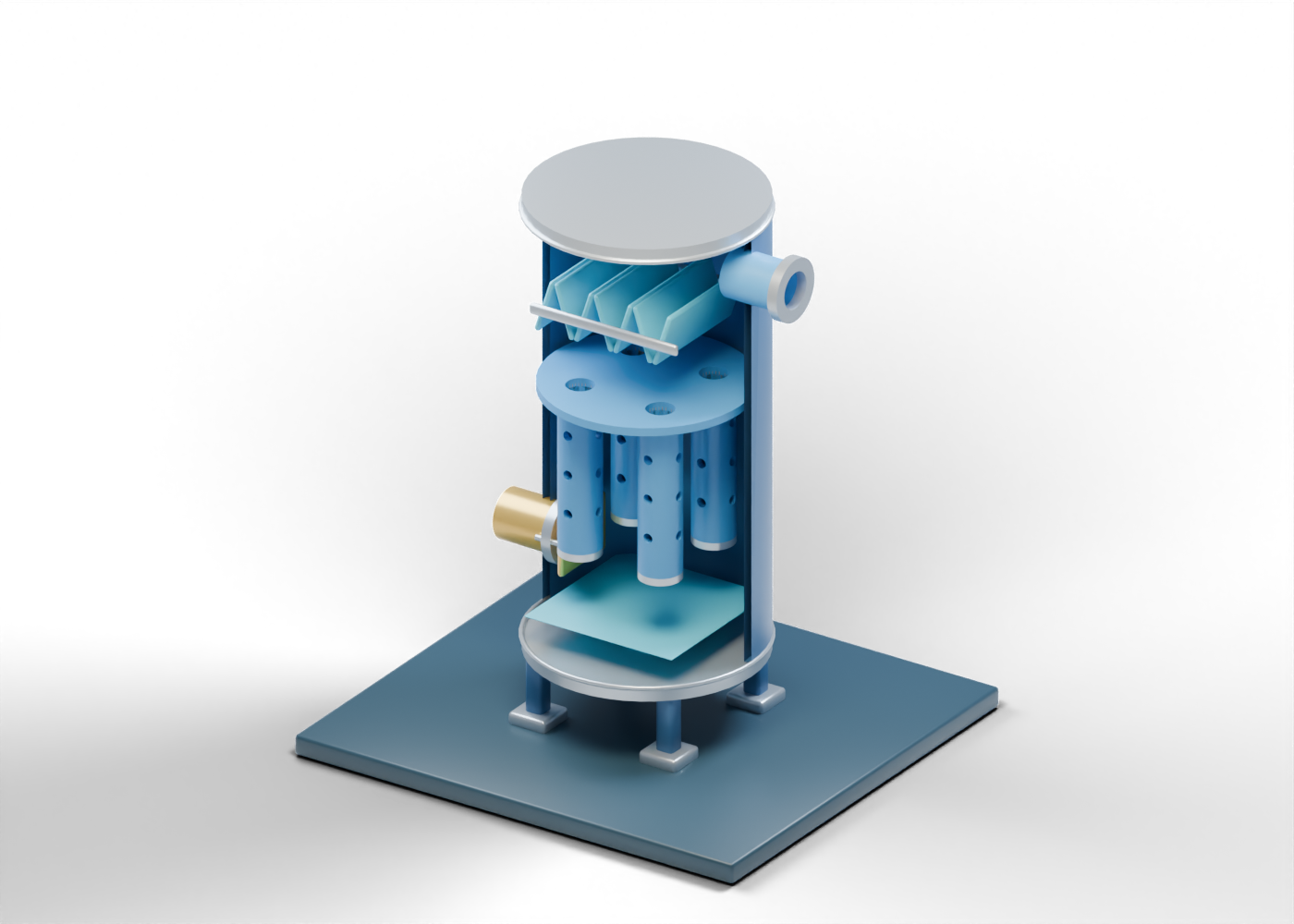 Original Alberta-blue, prairie-gold and steel 3D section of a vertical gas filter separator, showing four cartridge envelopes, seven upper mist markers, gas outlet and separate lower drain.