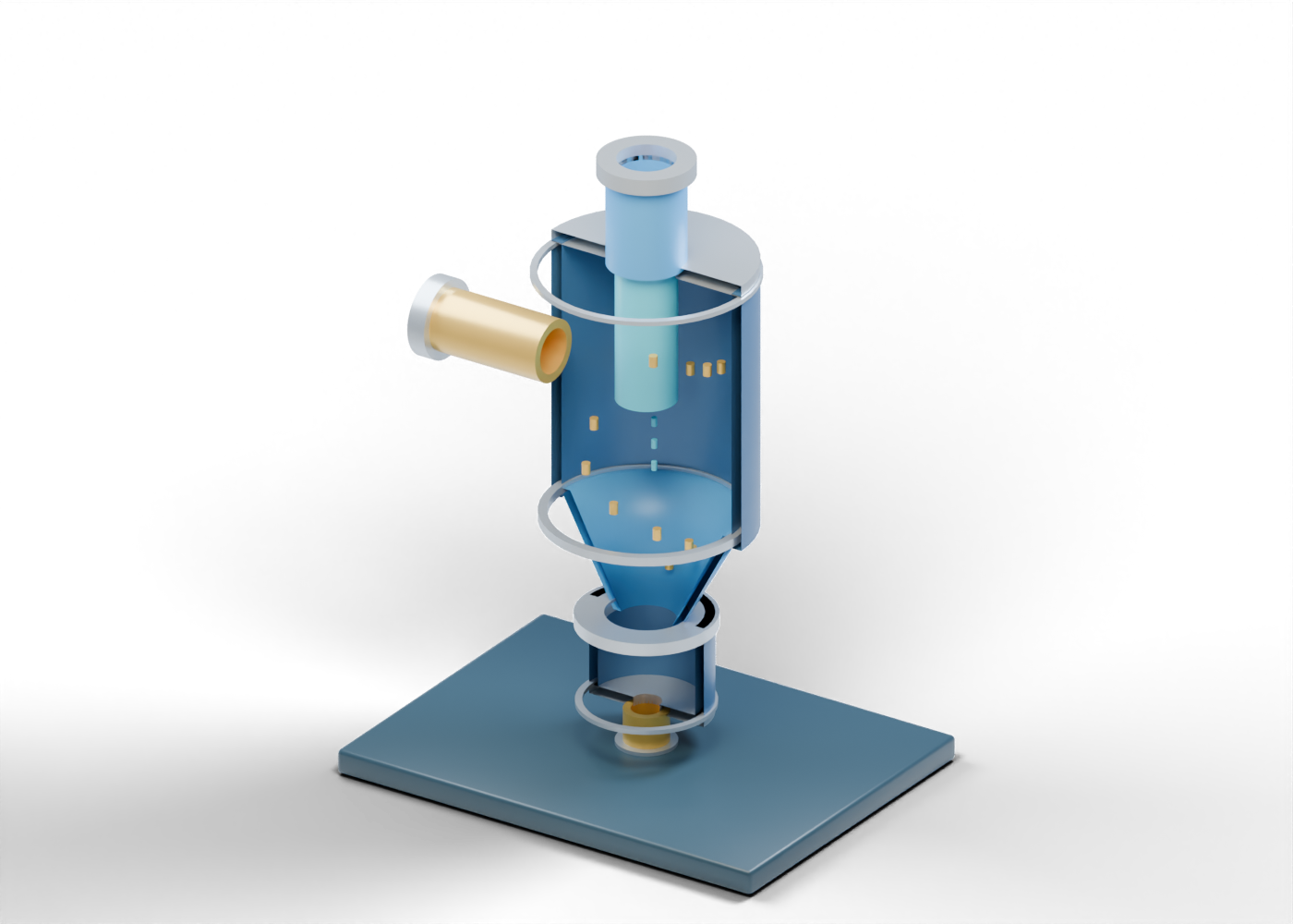 Original blue and gold cutaway of a wellhead sand-separator teaching vessel with offset feed, upper outlet, open cone and lower solids pot.